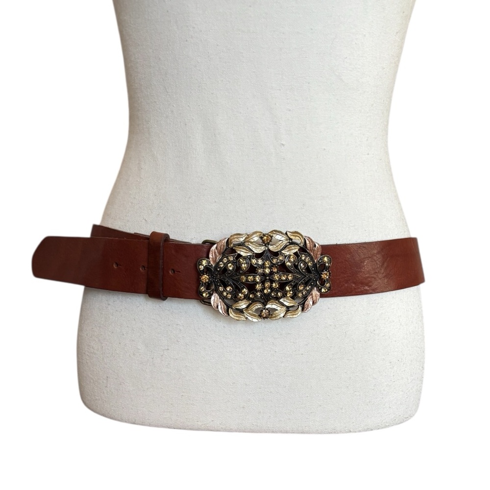 Y2K Leather Belt Cabi with Bedazzled Ornate Buckle XL